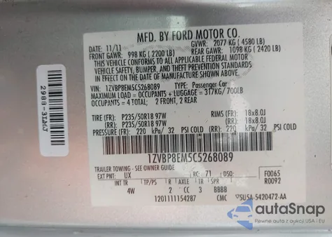 2012 Ford Mustang V6 Premium из США, поврежденный, VIN 1ZVBP8EM5C5268089